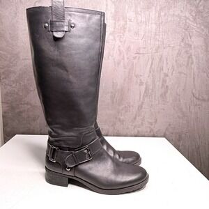 Nine West Tall Riding Boots Womens Sz 9 Black Leather Buckle Moto Lug Motorcycle